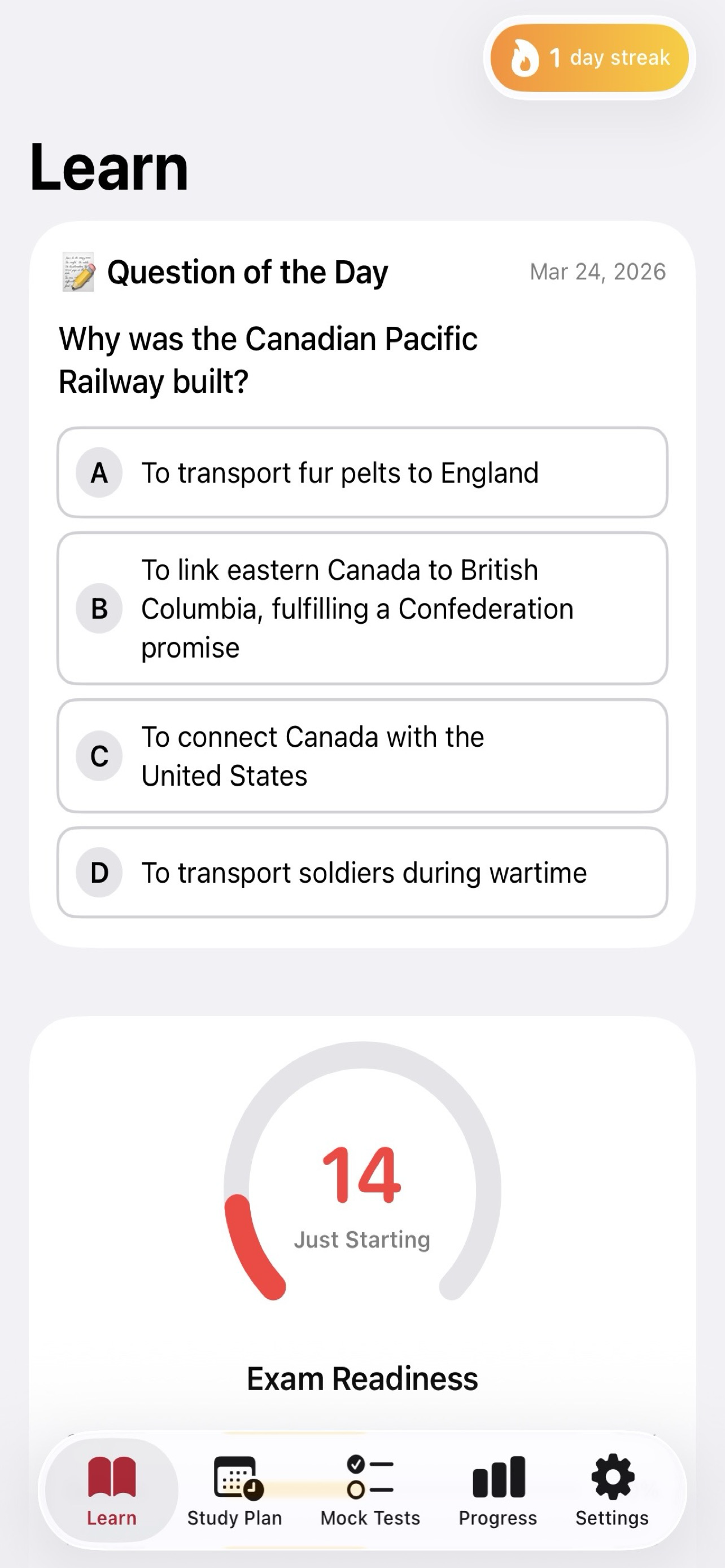 Citizen Ready app showing Question of the Day and Exam Readiness score